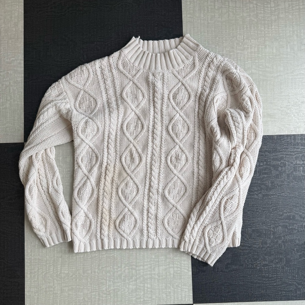 Vintage Fisherman Knit Chunky Sweater – Cream – Mock Neck – Cotton Women’s M